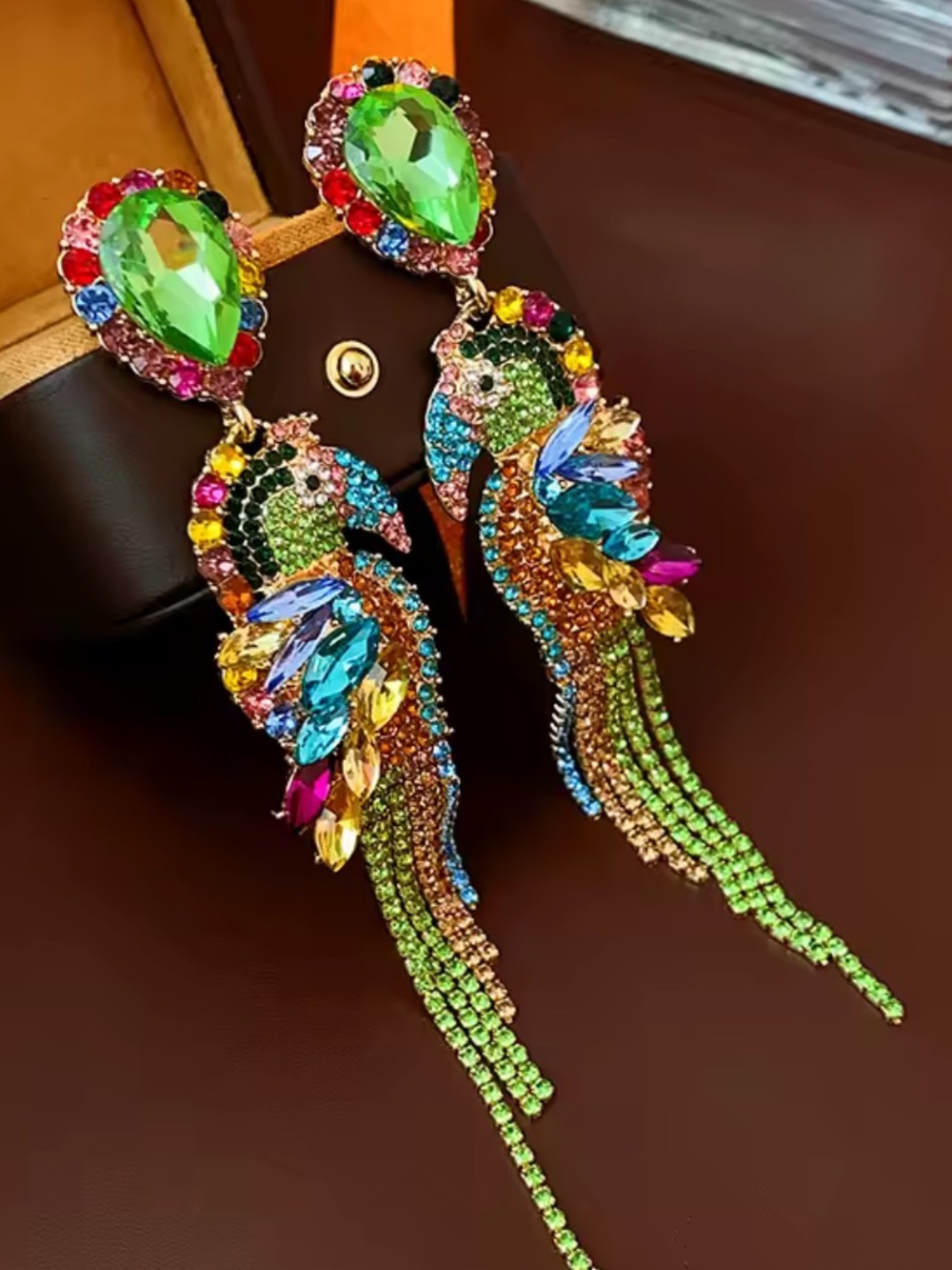 Statement Crystal Parrot Earrings | Colorful Rhinestone Drop / Tropical Jewelry - Picture 6 of 6